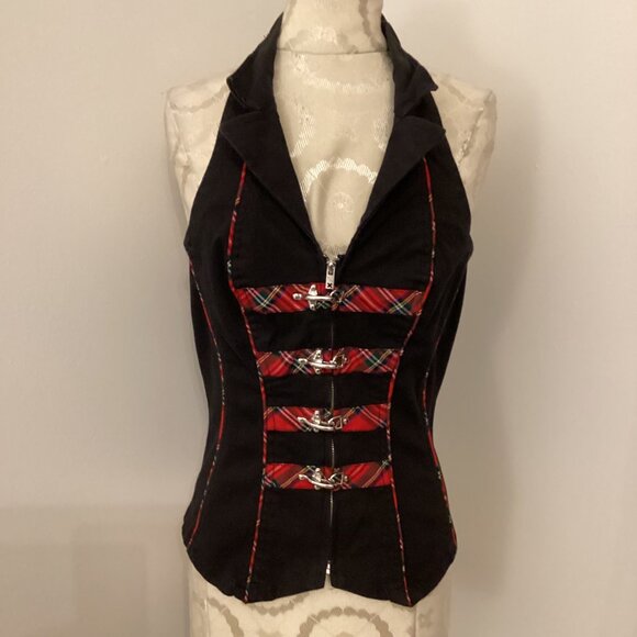 Tripp NYC Plaid Halter Corset Top Medium Red Black Zipper Buckles Punk Goth Y2K - Picture 2 of 6